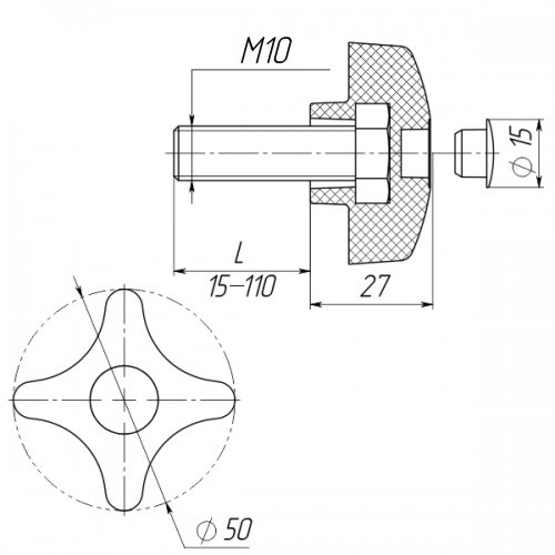 Ручка затискна М10х20, D50мм з болтом чорна Steelfix