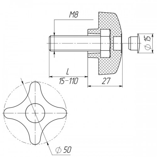 Ручка затискна М8х35, D50мм з болтом чорна Steelfix
